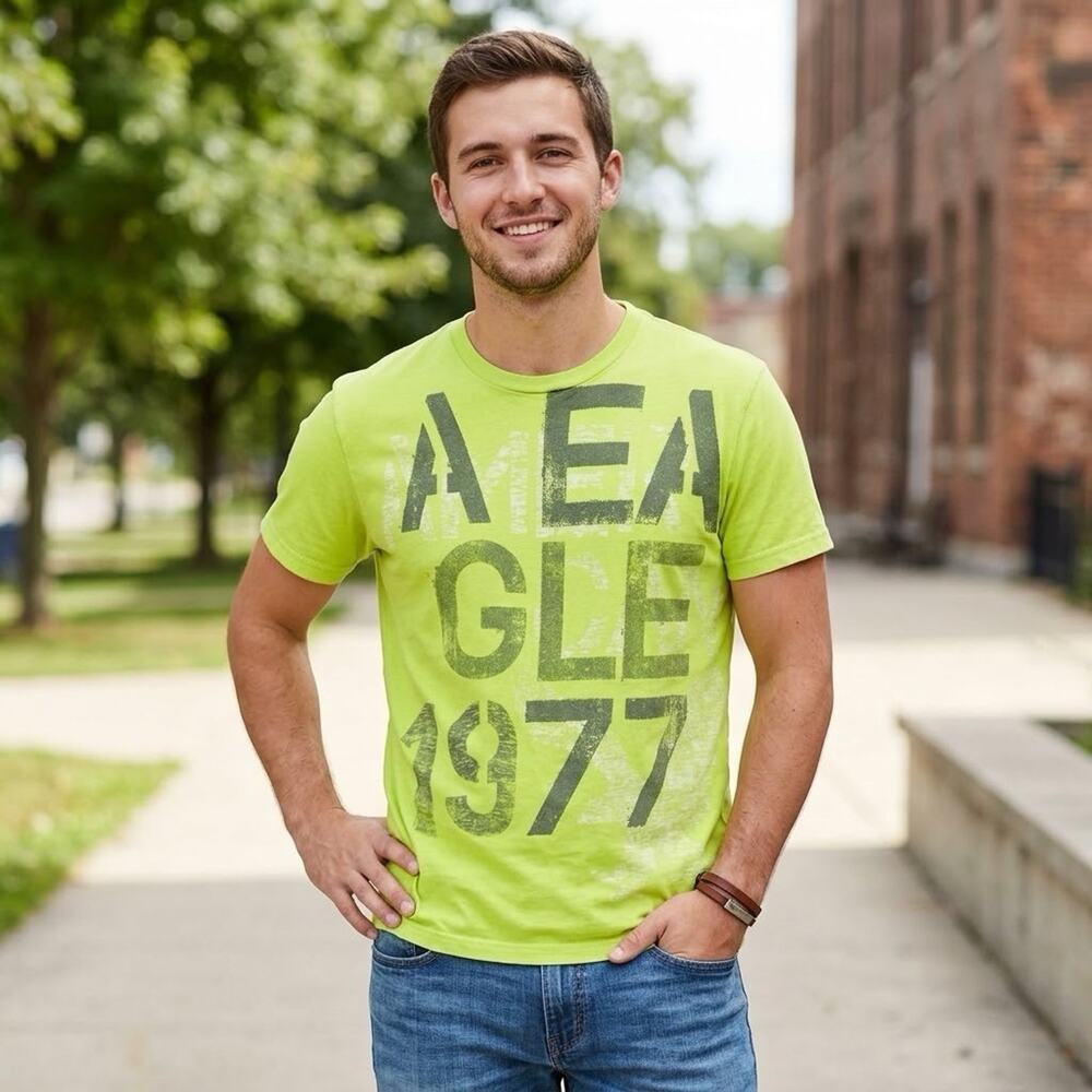 American Eagle Mens Medium T-Shirt Vintage Fit Neon Green Graphic AE EAGLE 1977